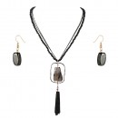 Gold Plated With Black Semi Precious Stone Pendant Statement Necklace &amp; Earrings Set for Women
