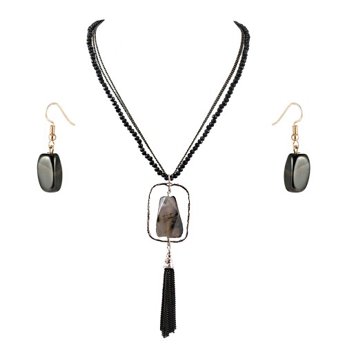 Gold Plated With Black Semi Precious Stone Pendant Statement Necklace &amp; Earrings Set for Women