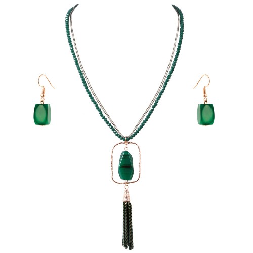 Gold Plated With Green Semi Precious Stone Pendant Statement Necklace &amp; Earrings Set for Women