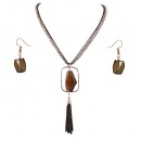 Gold Plated With Black Semi Precious Stone Pendant Statement Necklace &amp; Earrings Set for Women