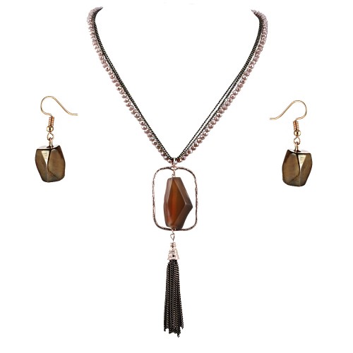 Gold Plated With Topaz Semi Precious Stone Pendant Statement Necklace &amp; Earrings Set for Women