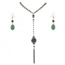 Gold Plated With Green Stone 26 inch Y Shaped Statement Necklace & Earrings Set Long Rhombus Pendant for Women