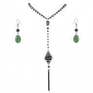 Gold Plated With Green Stone 26 inch Y Shaped Statement Necklace &amp; Earrings Set Long Rhombus Pendant for Women