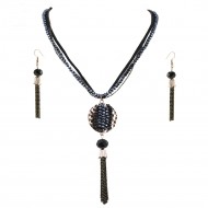 Gold Plated With Black Mix Stone Statement Necklace & Earrings Set with Tassel Pendant for Women