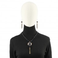 Gold Plated With Black Mix Stone Statement Necklace &amp; Earrings Set with Tassel Pendant for Women