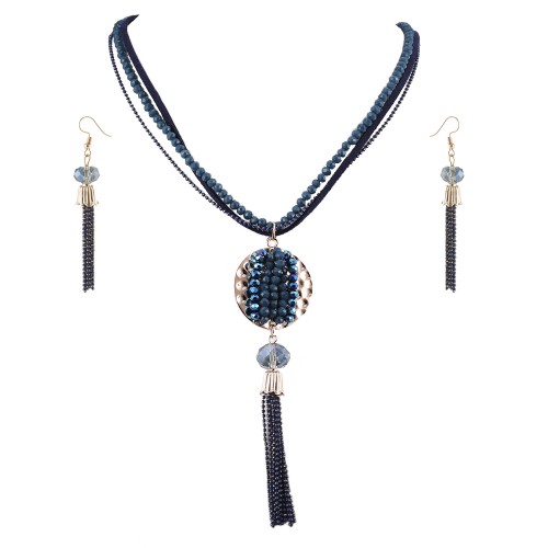 Gold Plated With Blue Mix Stone Statement Necklace &amp; Earrings Set with Tassel Pendant for Women