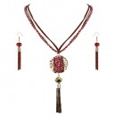 Gold Plated With Red Mix Stone Statement Necklace &amp; Earrings Set with Tassel Pendant for Women