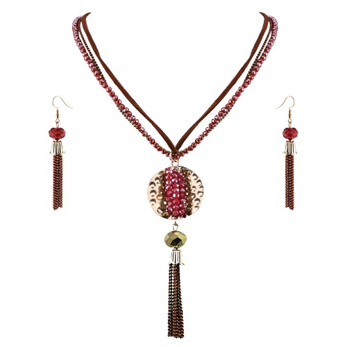 Gold Plated With Red Mix Stone Statement Necklace &amp; Earrings Set with Tassel Pendant for Women