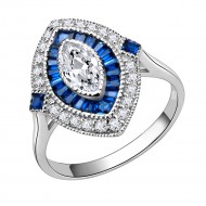 925 Sterling Silver with Blue Spinel CZ Oval Engagement Ring