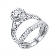 925 Sterling Silver Rhodium Plated with Round Cut AAA Cubic Zirconia Stones Bridal Ring 2 Pieces Sets for Women