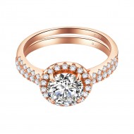 925 Sterling Silver Rose Gold Plated with Round AAA Cubic Zirconia Stones Bridal Ring 2 Pieces Sets Ring for Women