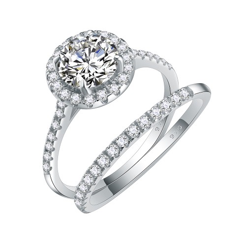 925 Sterling Silver Rhodium Plated with Round AAA Cubic Zirconia Stones Bridal Ring 2 Pieces Sets Ring for Women