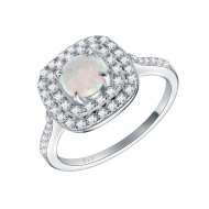 925 Sterling Silver Rhodium Plated with White Round Opal & Cubic Zirconia Engagement Rings for Women