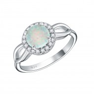 925 Sterling Silver Rhodium Plated with White Round Opal and Cubic Zirconia Engagement Rings for Women