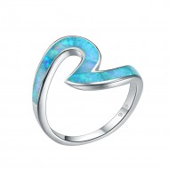 925 Sterling Silver Rhodium Plated with Blue Opal Wave Statement Rings for Women