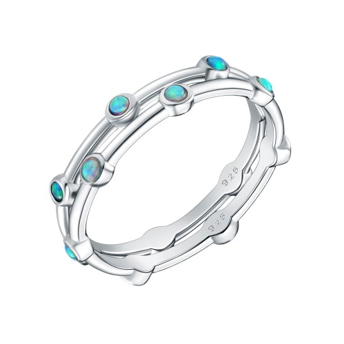 925 Sterling Silver Rhodium Plated with Blue Opal Eternity 2 pcs Band Sets for Women