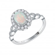 925 Sterling Silver Rhodium Plated with White Oval Opal and Cubic Zirconia Engagement Rings for Women