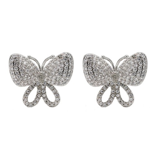 Rhodium Plated With CZ Fish Hook Butterfly Earrings