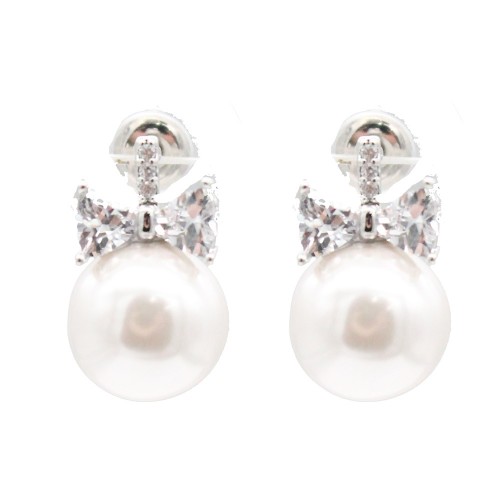 Rhodium Plated With Pearl CZ Earrings Rhodium Plated With Pearl CZ Earrings