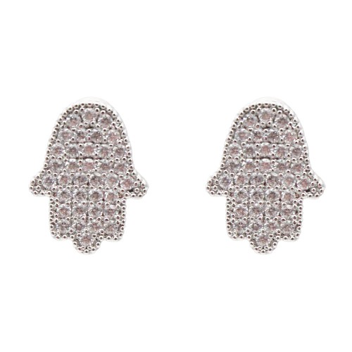 Rhodium Color With Clear CZ Hamsa Earrings