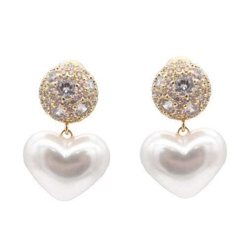 Gold Plated With Clear CZ Heart Pearl Earrings Gold Plated With Clear CZ Heart Pearl Earrings