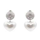 Rhodium With Clear CZ Heart Pearl Earrings Rhodium With Clear CZ Heart Pearl Earrings