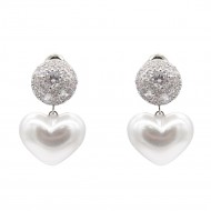 Rhodium With Clear CZ  Heart Pearl Earrings