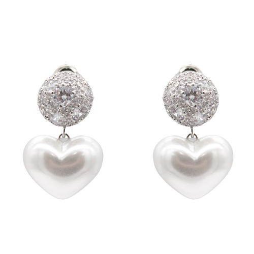 Rhodium With Clear CZ Heart Pearl Earrings Rhodium With Clear CZ Heart Pearl Earrings