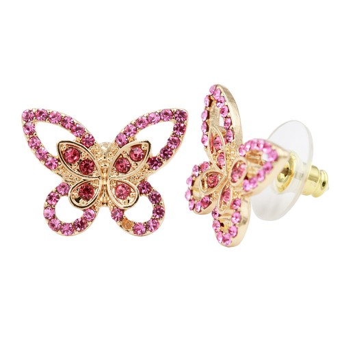 Gold Plated With Pink Crystal Butterfly Earrings