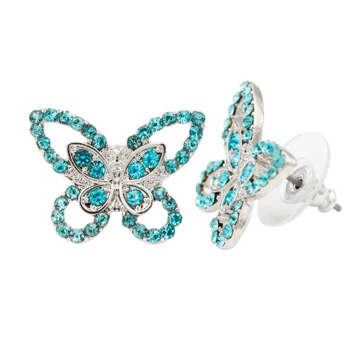 Rhodium Plated With Aqua Blue Crystal Butterfly Earring
