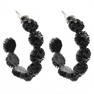 Black Plated With Jet Color Crystal Flower Hoop Earrings