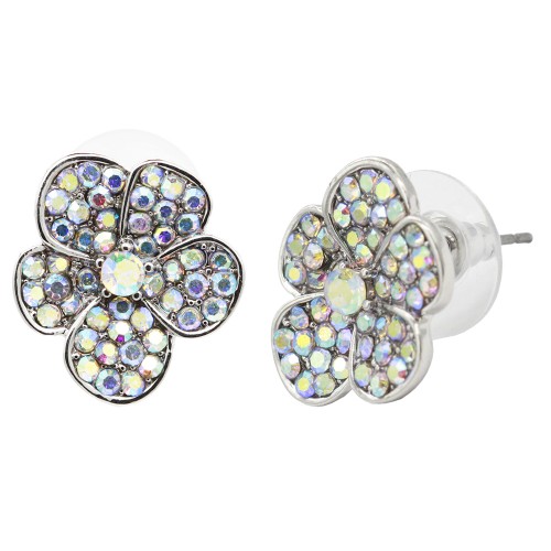 Rhodium Plated With AB Crystal Flower Earrings