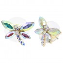 Rhodium Plated With Aqua Color Crystal Dragonfly Earrings