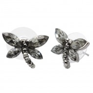 Gunmetal Plated With Hematite Color Crystal Dragonfly Earrings