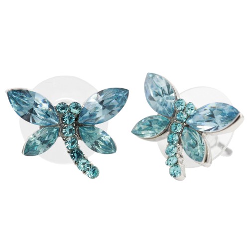 Rhodium Plated With Aqua Color Crystal Dragonfly Earrings
