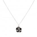 Rhodium Color with Black Rose Flower Pendant Necklace. 16"+2"