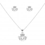 Rhodium Plated with Clear Cubic Zirconia Claddagh  Necklaces