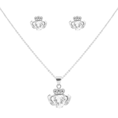 Rhodium Plated with Clear Cubic Zirconia Claddagh  Necklaces