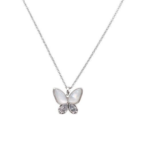Rhodium Plated With MOP Butterfly  Necklace. 16"+3"