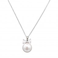 Rhodium Plated With Pearl CZ Pendant Necklace. 16"+3"