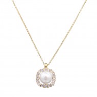 Gold Plated With Pearl CZ Pendant Necklace. 16"+3"