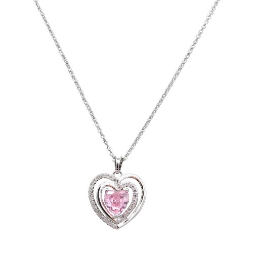 Rhodium Plated with Pink Cubic Zirconia Necklaces 16"+3"