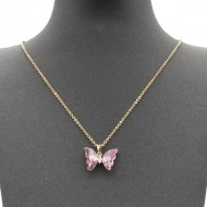 Gold Plated With Pink CZ Butterfly Neklace. 16"+3"