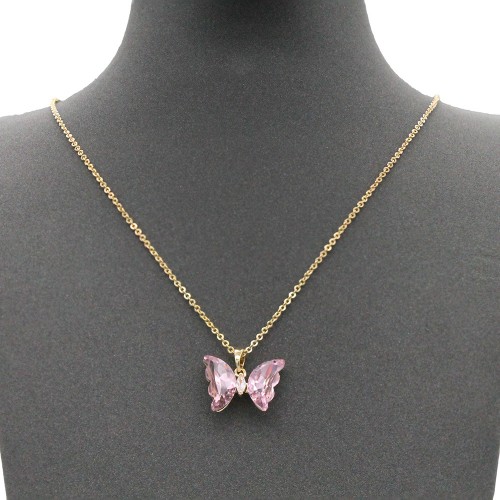 Gold Plated With Pink CZ Butterfly Neklace. 16"+3"