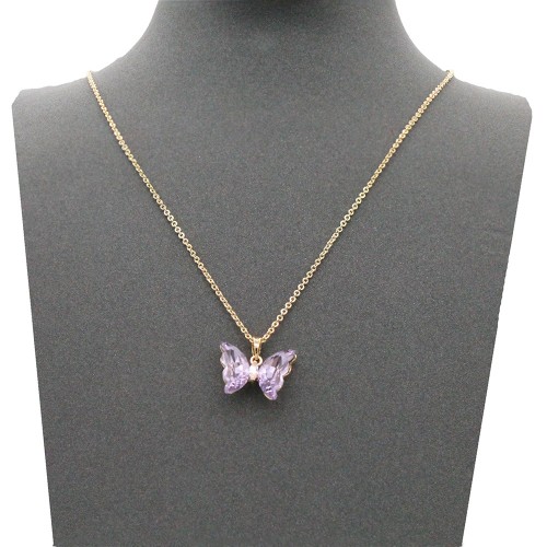Gold Plated With Purple CZ Butterfly Necklace. 16"+3" Gold Plated With Purple CZ Butterfly Necklace. 16"+3"