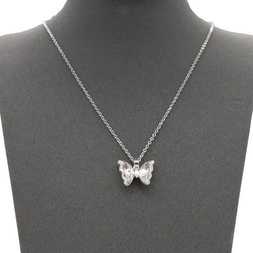 Rhodium Plated With Clear CZ Butterfly Necklace 16"+3"