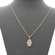 Gold Plated With Clear CZ Hamsa Necklace. 16"+3"