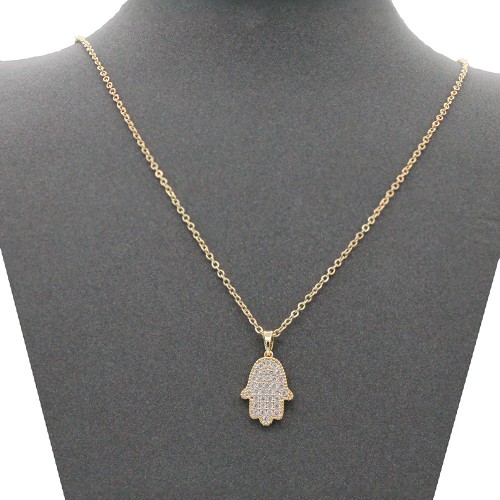 Gold Plated With Clear CZ Hamsa Necklace. 16"+3"