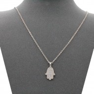 Rhodium Color With Clear CZ Hamsa Necklace. 16"+3"
