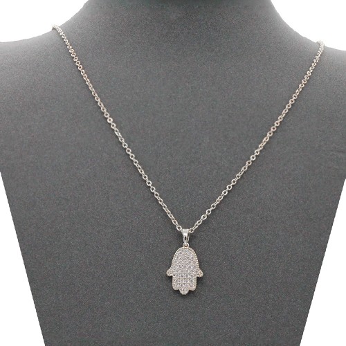 Rhodium Color With Clear CZ Hamsa Necklace. 16"+3" Rhodium Color With Clear CZ Hamsa Necklace. 16"+3"